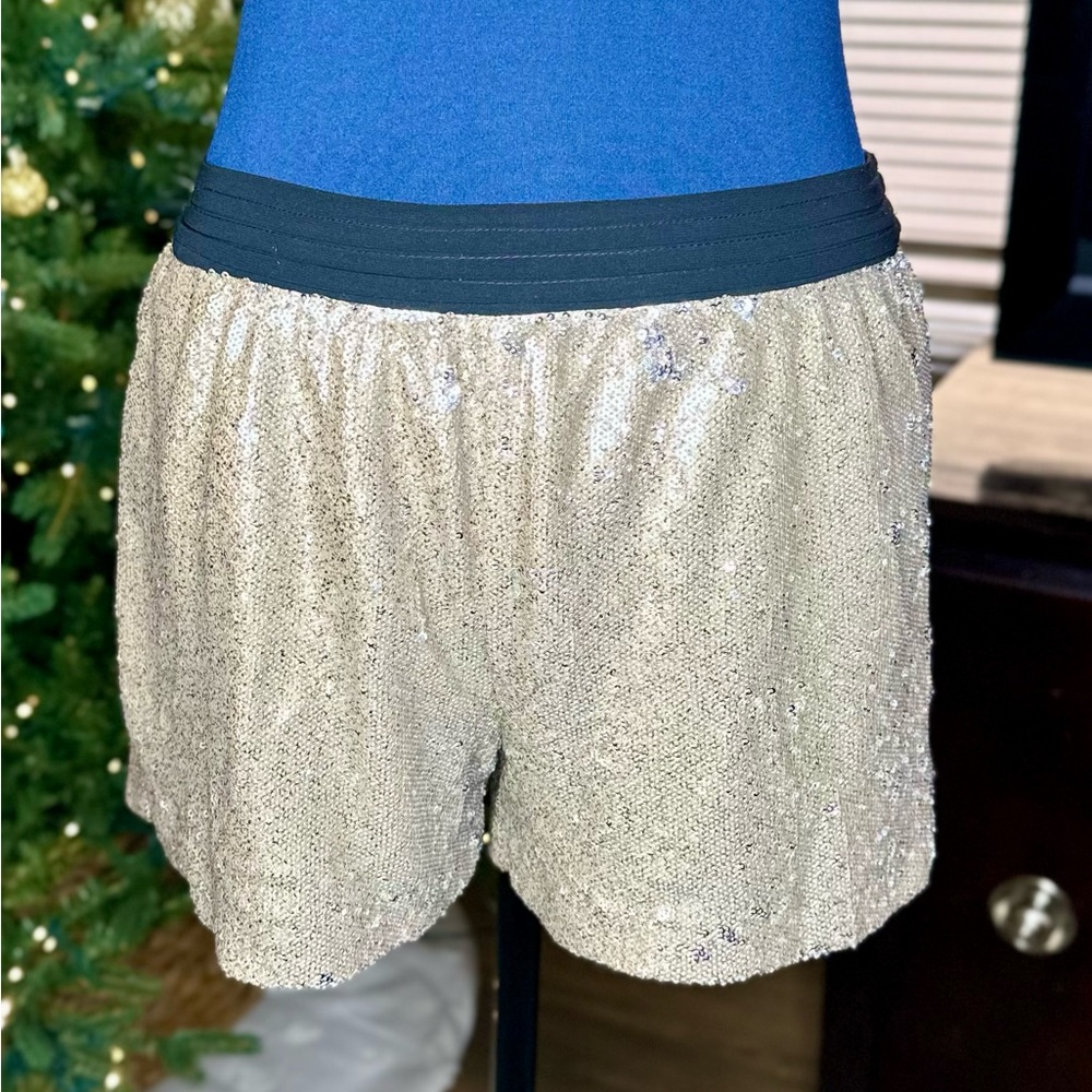 Zara Basic Metallic Gold Sequins Mini Shorts - image 2
